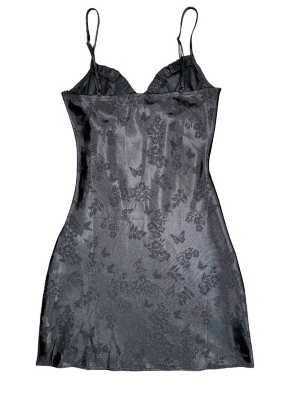 90s Vintage Black Satin Floral Butterfly Mini Dress - Picture 5 of 5
